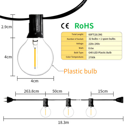 18M 26M Festoon LE String Light G40 Shatterproof Globe Bulb Patio Light Outoor Garlan Light for Garen Weing ecoration